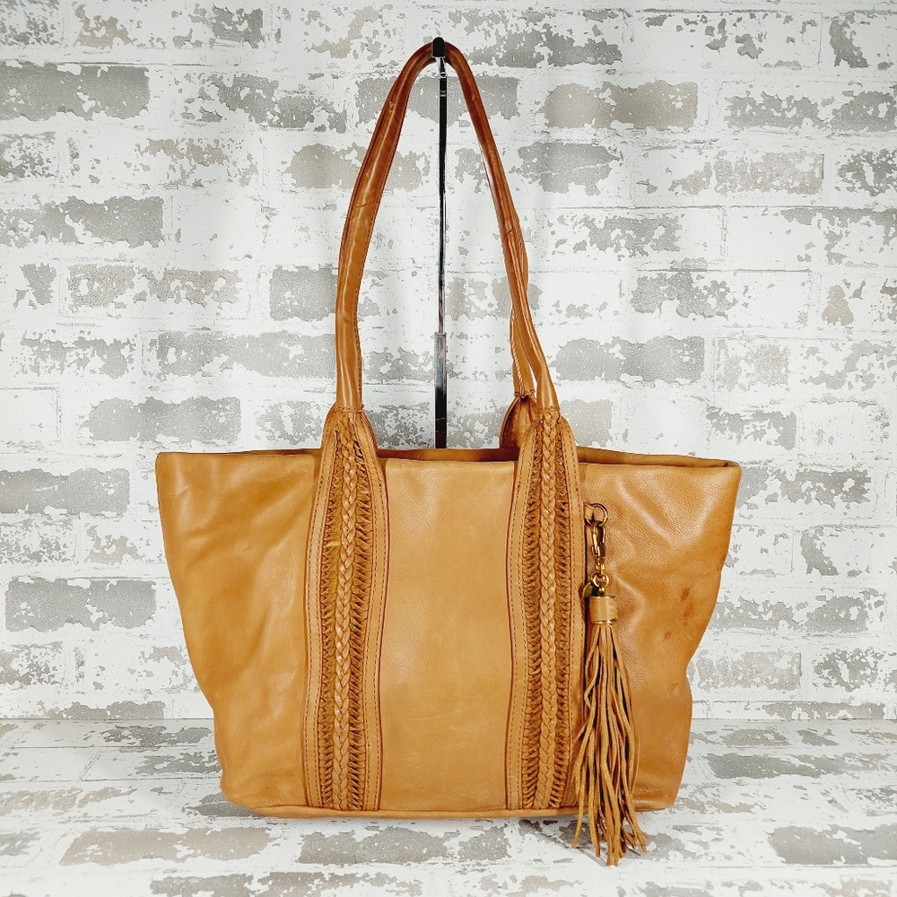 Tan Leather Tote Bag with Tassel